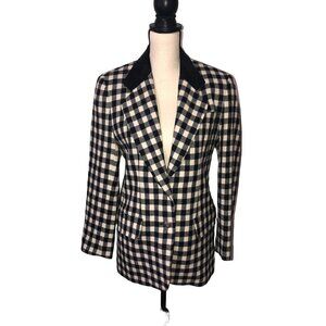 Carroll Reed Size 6 Blazer Black Jacket White Check Suede Collar Wool USA FLAWED